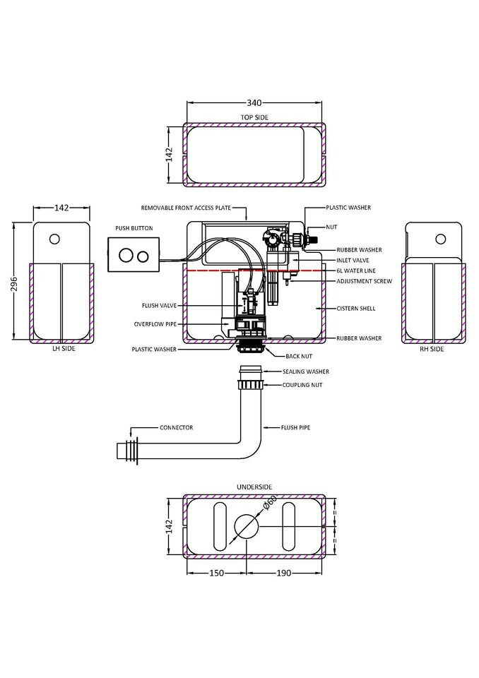 image 1 of Balterley Dual Flush Pneumatic Concealed Cistern with Flush Button, 305 x 364 x 164mm, Chrome