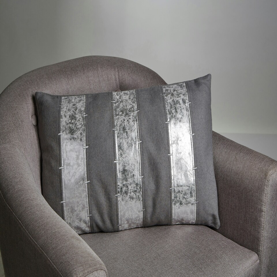 image 1 of Luxe Grey & Silver Cushion,Decorative Pillow Throw With Zigzag Stitching,Removable Leather Cushion Cover Silver