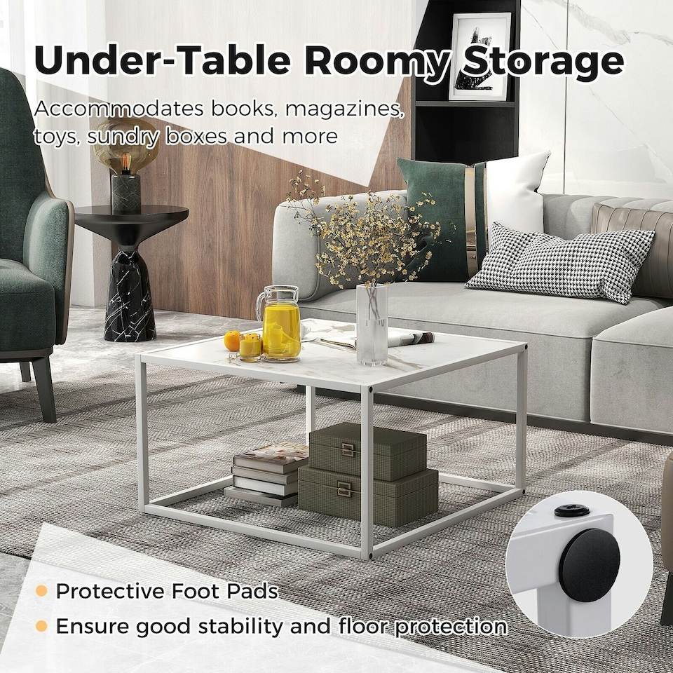 image 1 of COSTWAY Modern Square Coffee Table with Faux Marble Tabletop White