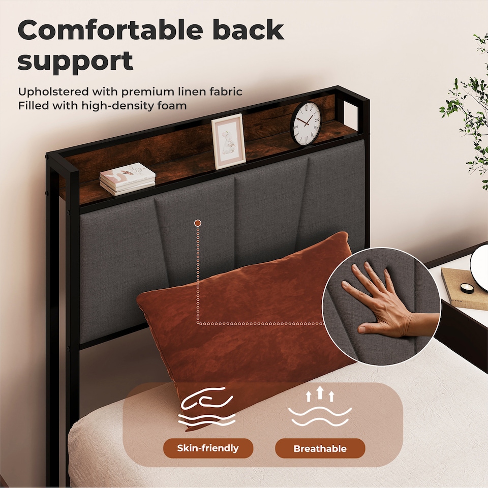 image 1 of Levede Heavy Duty Single Bed Frame Metal Platform with Storage Headboard 3FT | Brown | Single | Single
