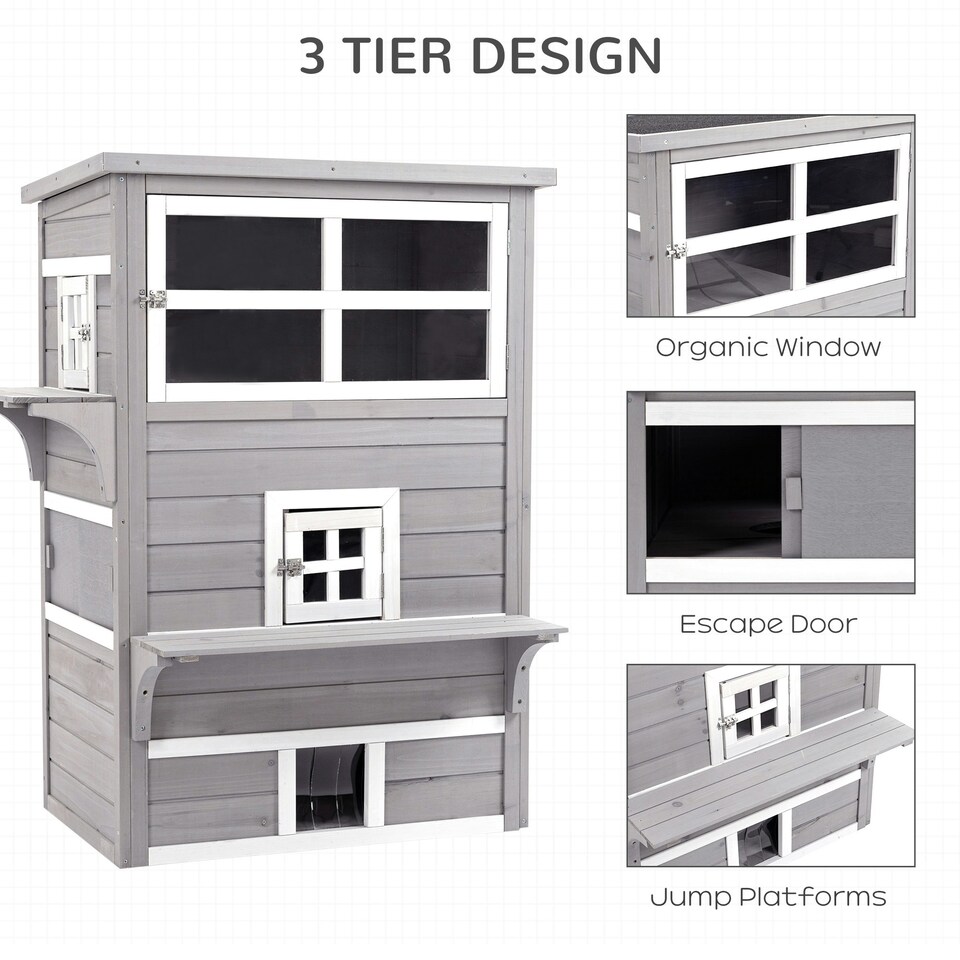 image 1 of PawHut 3-Tier Wooden Kitten Shelter for Indoor, Outdoor - Grey