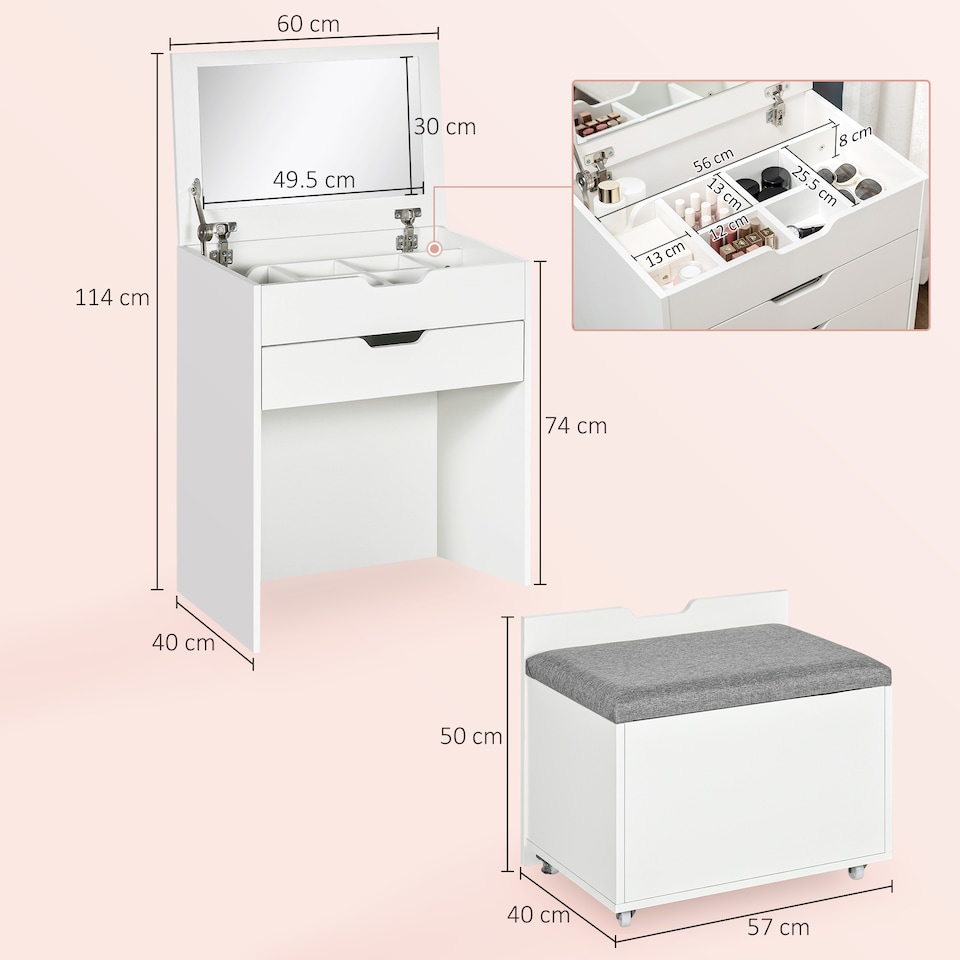image 1 of HOMCOM Dressing Table with Flip-up Mirror and Storage Stool, Vanity Table with Drawer and Hidden Compartments for Bedroom, Living Room, White