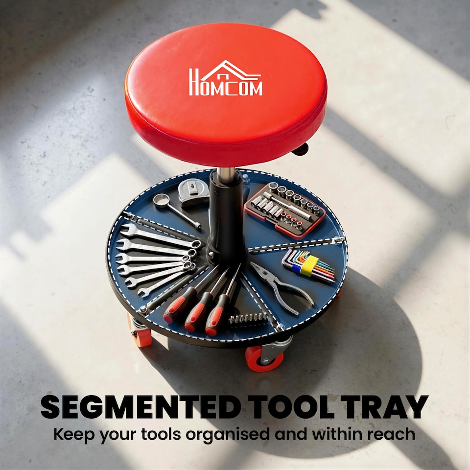 image 1 of HOMCOM Pneumatic Adjustable Mechanic Stool w/ Tool Tray, Wheels | Orange | Orange | Φ40 x 38-48H cm