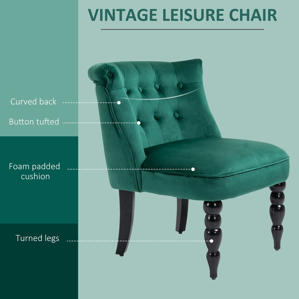 image 1 of HOMCOM Velvet Accent Chair Tufted Wingback Chair w/ Rubber Wood Legs Dark Green
