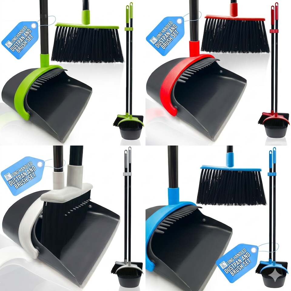image 1 of Long Handled Dustpan and Brush Set Upright Sweeping Broom with Built-In Bristle Cleaner