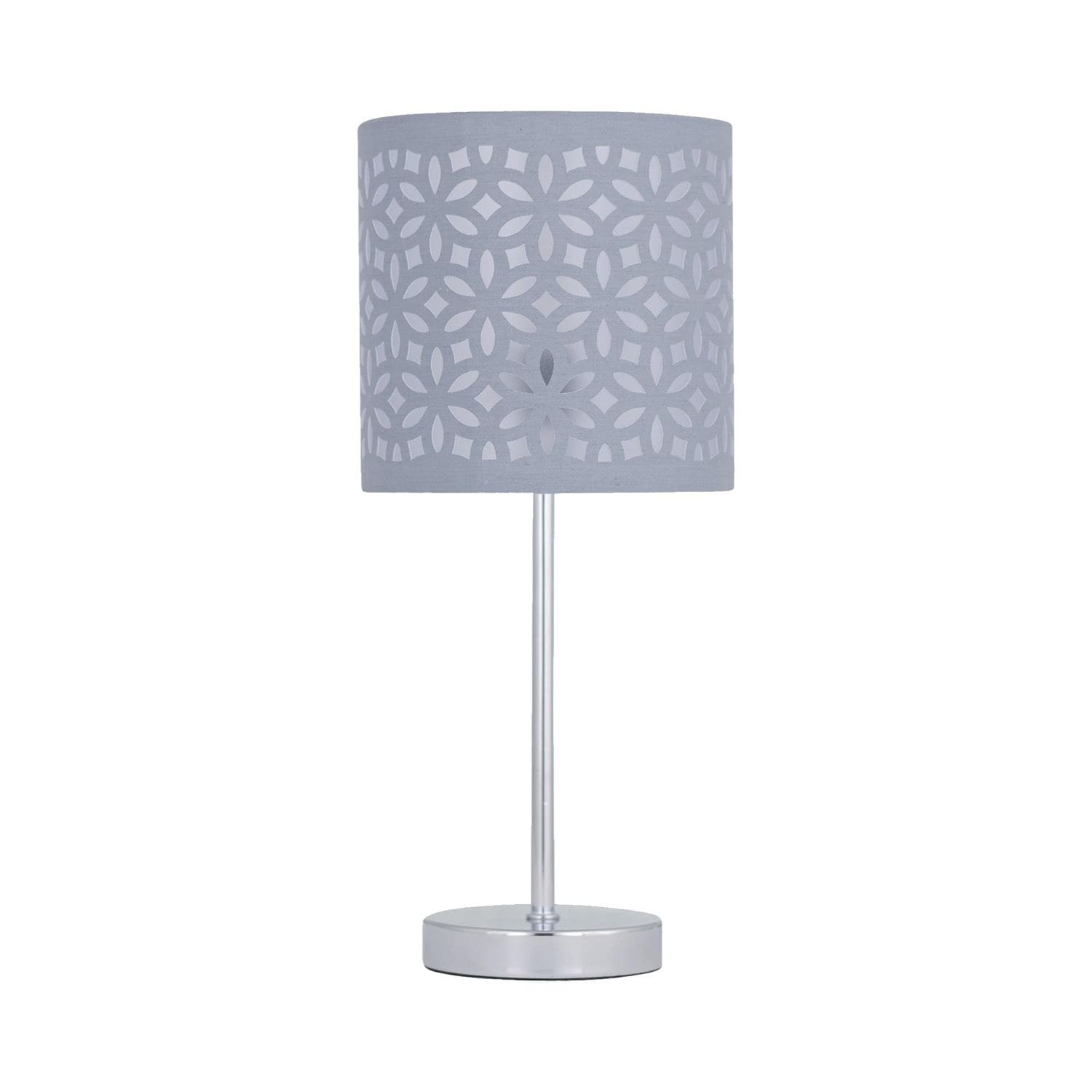 First Choice Lighting Chrome Stick Table Lamp with Grey Laser Cut Shade in Silver