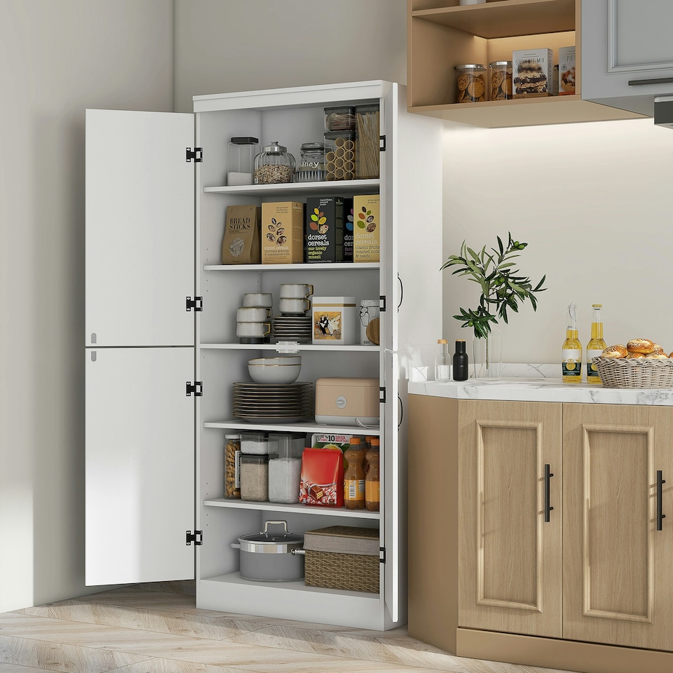 image 1 of HOMCOM Kitchen Cupboard, Freestanding Storage Cabinet with 2 Adjustable Shelves, 2 Drawers and Open Counter for Living Room, Dining Room, 168cm, White