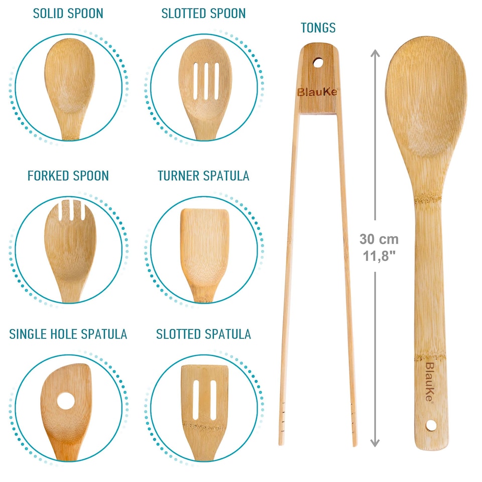 image 1 of BlauKe Wooden Kitchen Utensils Set of 7 - Bamboo Cooking Utensils for Non-Stick Cookware - Wooden Spatulas, Wooden Spoons, Tongs