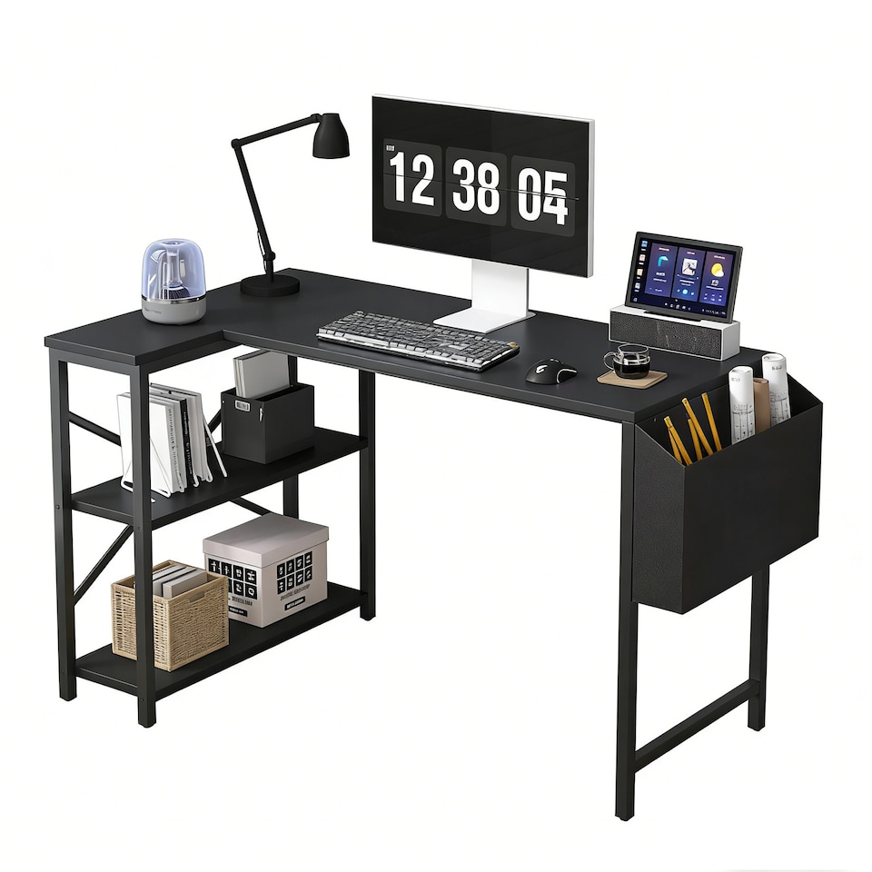 image 1 of MCC Direct Computer Desk L Shaped Corner Desk with Adjustable shelves - Lotus 120cm Black | Black