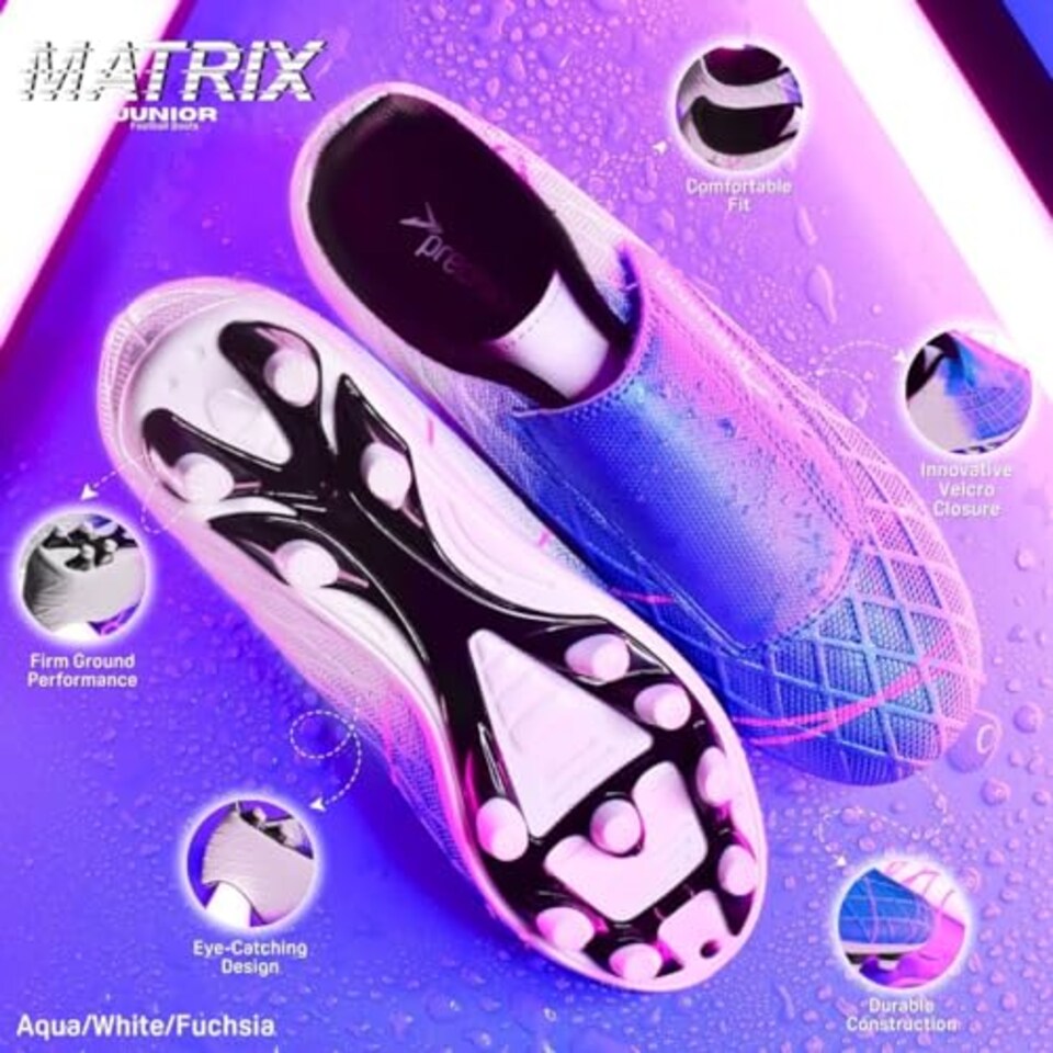image 1 of Precision Matrix Firm Ground Football Boots, Kids Laceless Secure Fit, Comfortable, Durable, Ideal For Junior Footballers, Aqua Blue, Size 12 UK Child