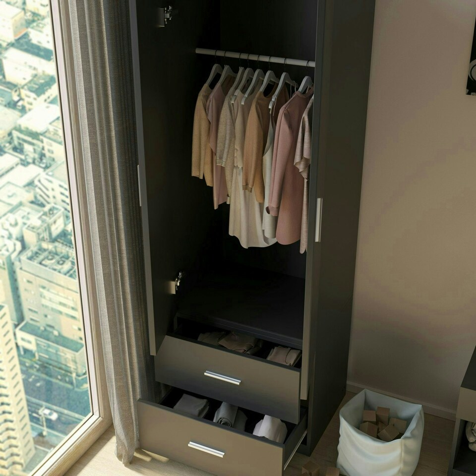 image 1 of 2-Door 2-Drawer Wardrobe | Grey | Unit Colour: Grey