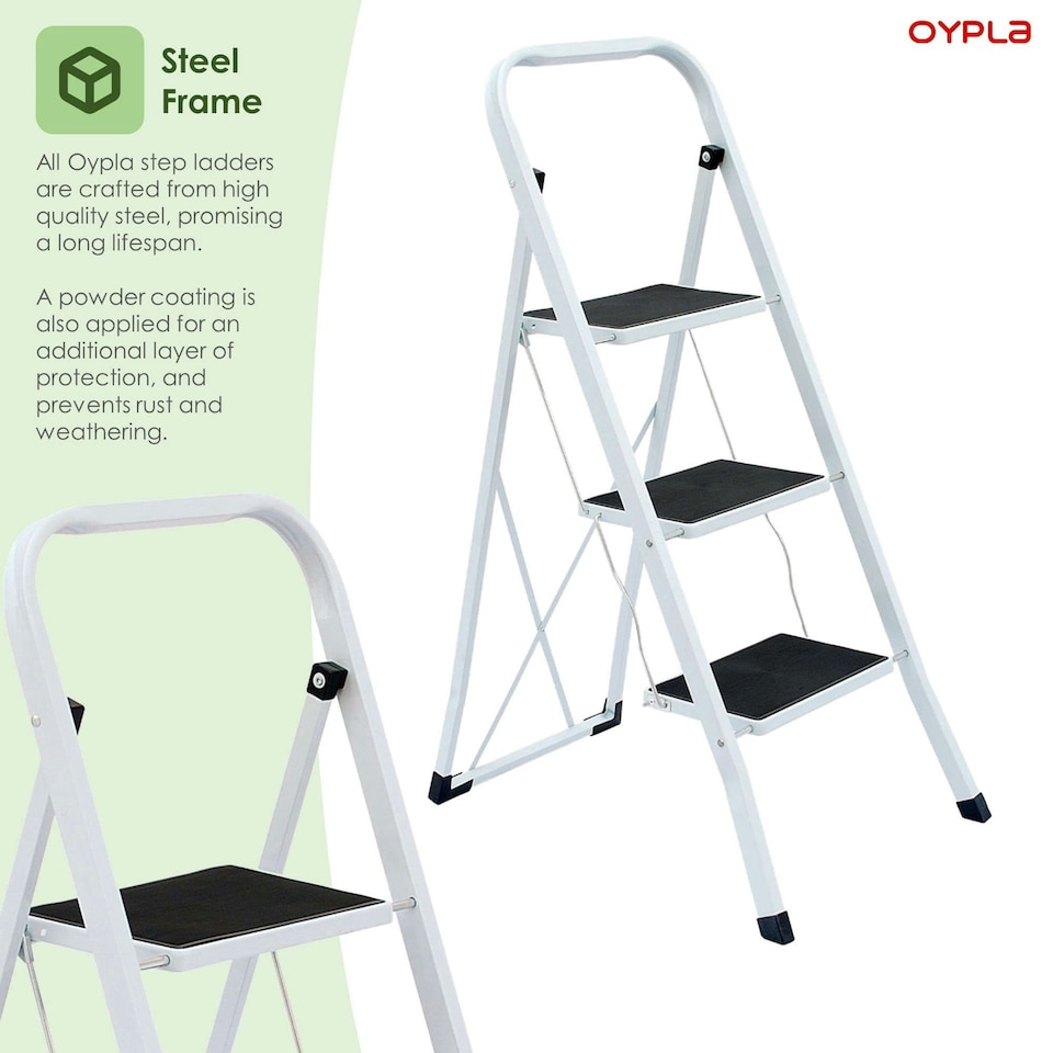 image 1 of Oypla Foldable 3 Step Ladder Stepladder Non Slip Tread Safety Steel White
