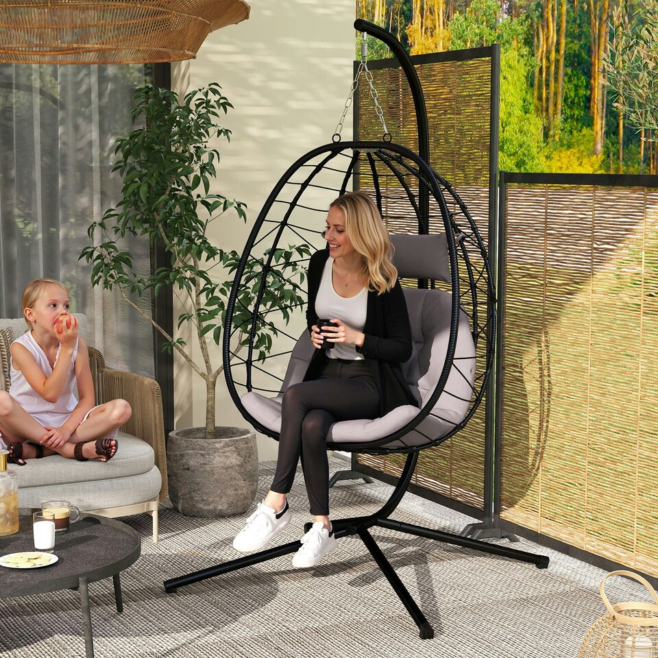image 1 of Outsunny Garden Egg Chair Outdoor Hanging Swing Chair, Folding Basket, Khaki