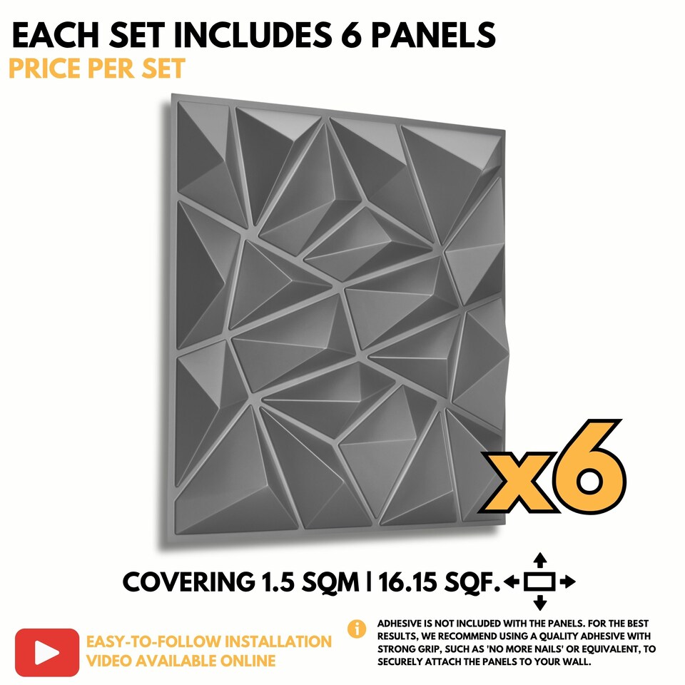 image 1 of NOVECRAFTO Diamond Effect 3D Wall Panels – 6 Sheets Covering 1.5 sqm (16.15 sqft) – Matte Interior PVC Cladding Tiles – 19.6"x19.6" Diamond Design Grey Silver