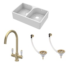 Double Bowl Fireclay Kitchen Sink Tap Wastes Brushed Brass 795mm | White | White | 500 x 795 x 220mm | 3