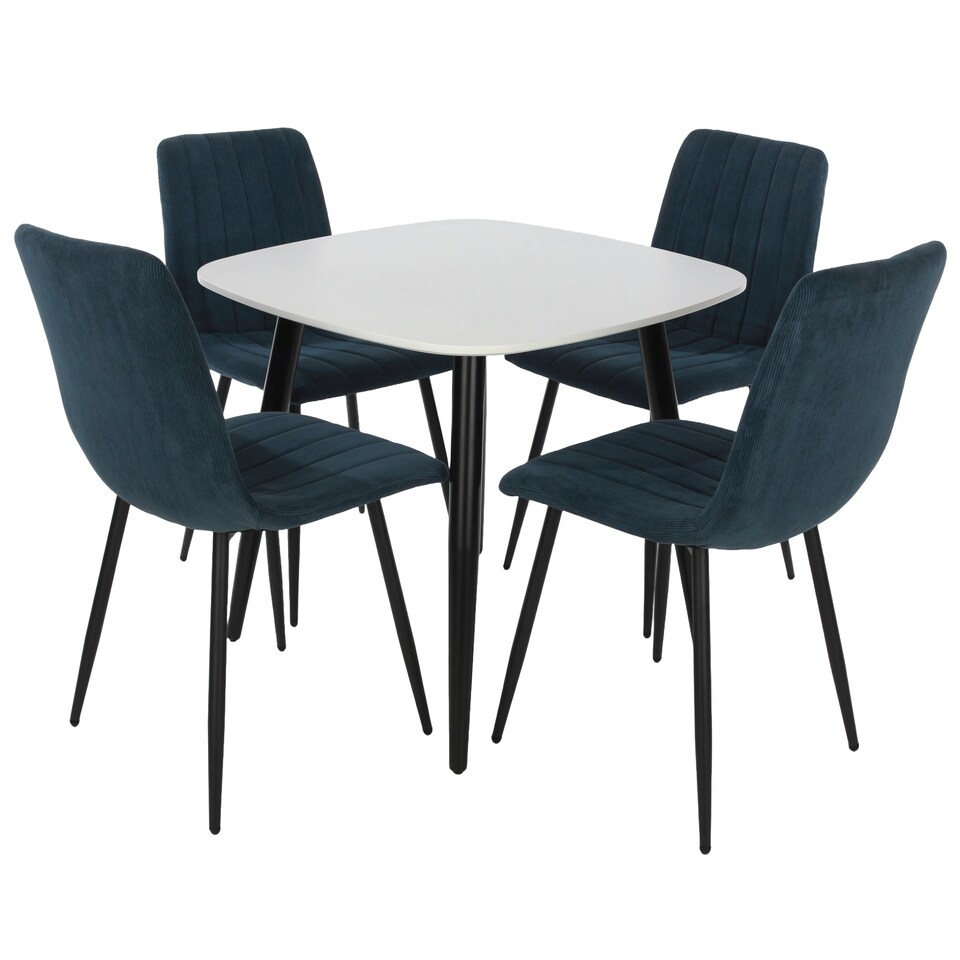 image 1 of Aspen White 80cm Square Dining Table with 4 Upholstered Cord Fabric Diamond Stitch Chairs - Stylish Compact Dining Set | Blue | Blue | 1