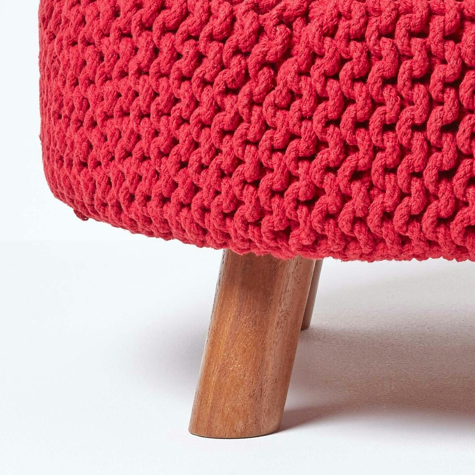 image 1 of Homescapes Red Round Cotton Knitted Footstool on Legs | Red | 62 x 62 x 30 cm