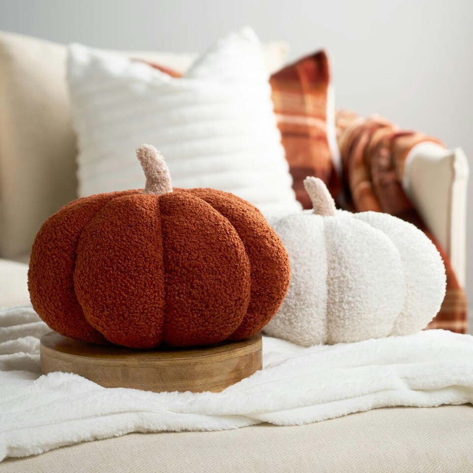 image 1 of OHS Boucle Fleece Pumpkin Shaped Halloween Fall Autumn Decoration Filled Cushion, 25x25cm - Rust