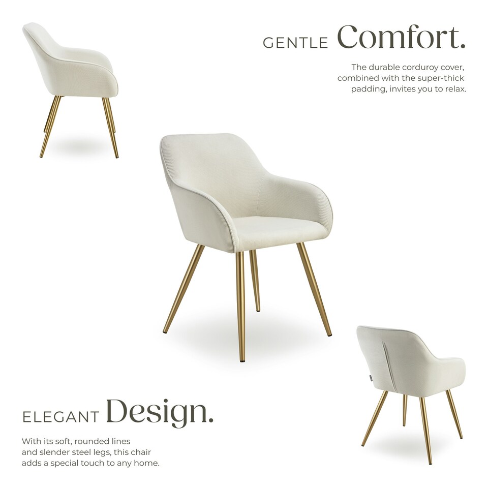 image 1 of Dining Chair Marilyn - corduroy look, upholstered, armchair, continuous backrest - Set of 4 Cream | Cream/Gold