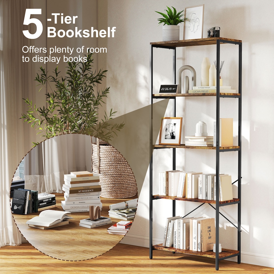 image 1 of HOMCOM 5-Tier Bookshelf, Industrial Bookcase, Floor Standing Book Shelf with Metal Frame, Open Display Shelving Unit for Living Room, Home Office and Bedroom, Rustic Brown and Black