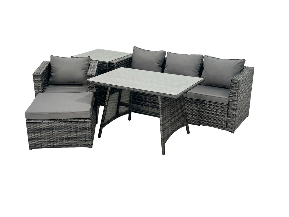 image 1 of Fimous Rattan Dining Table Sofa Armchair Set with Side Table Big Footstool Outdoor Garden Furniture Set Dark Grey Mixed