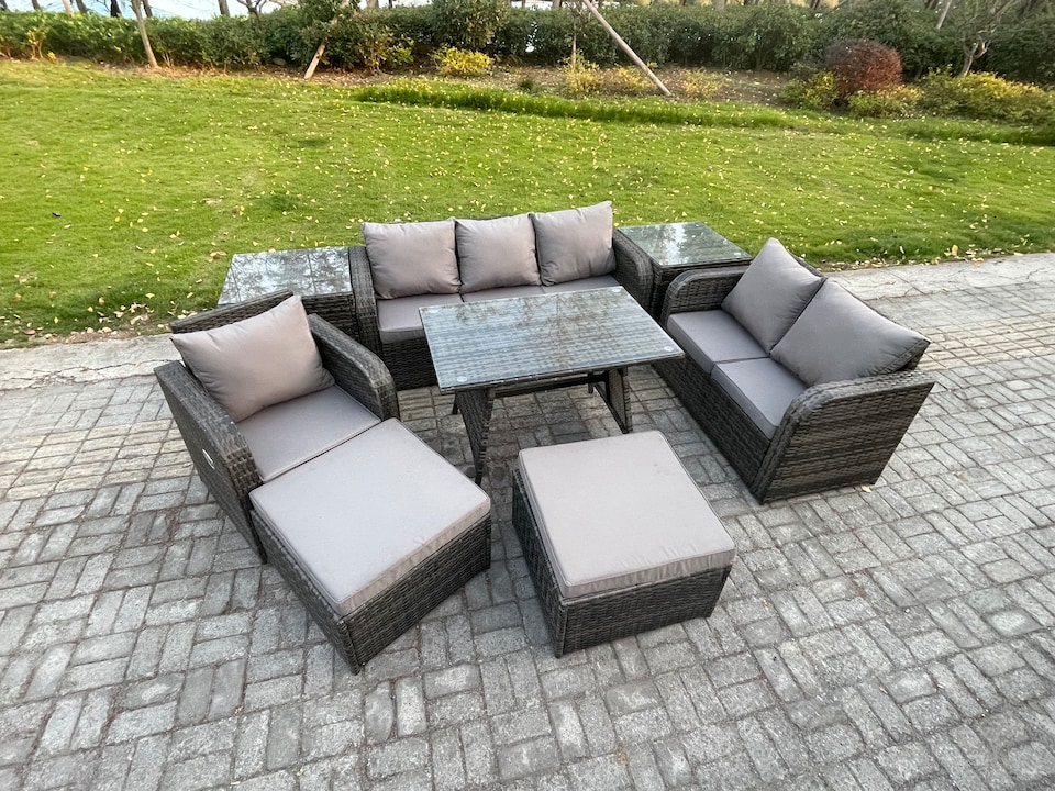 image 1 of Fimous 8 PCS Outdoor Lounge Sofa Set Wicker PE Rattan Garden Furniture Set with Rectangular Dining Table Armchair 2 Big Footstool 2 Side Tables Dark Grey Mixed