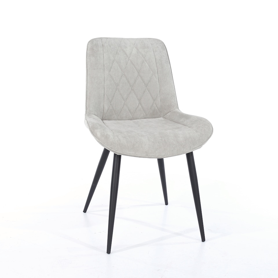 image 1 of Pair of Aspen Cord Fabric Diamond Stitch Dining Chairs with Curved Seat and Black Tapered Metal Legs | Grey | Light Grey | 1