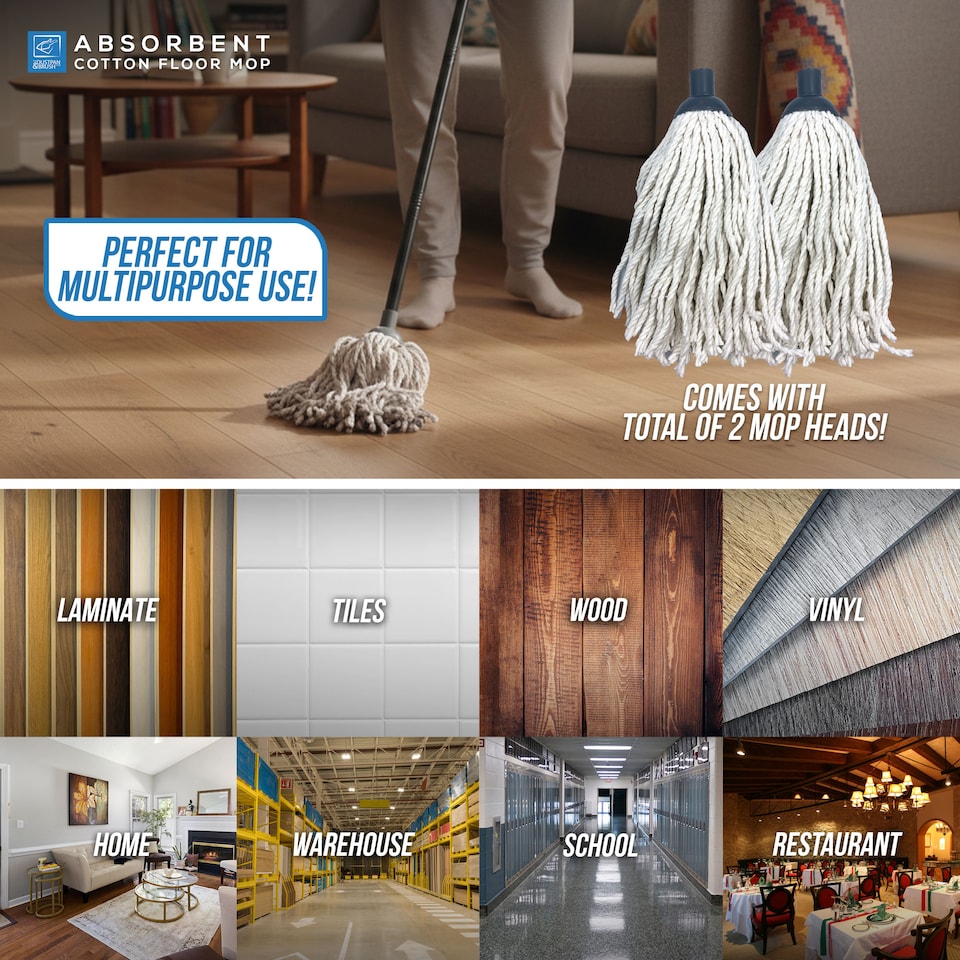 image 1 of Highly Absorbent Cotton Floor Mop Set Traditional String Mop with Extra Replacement Head