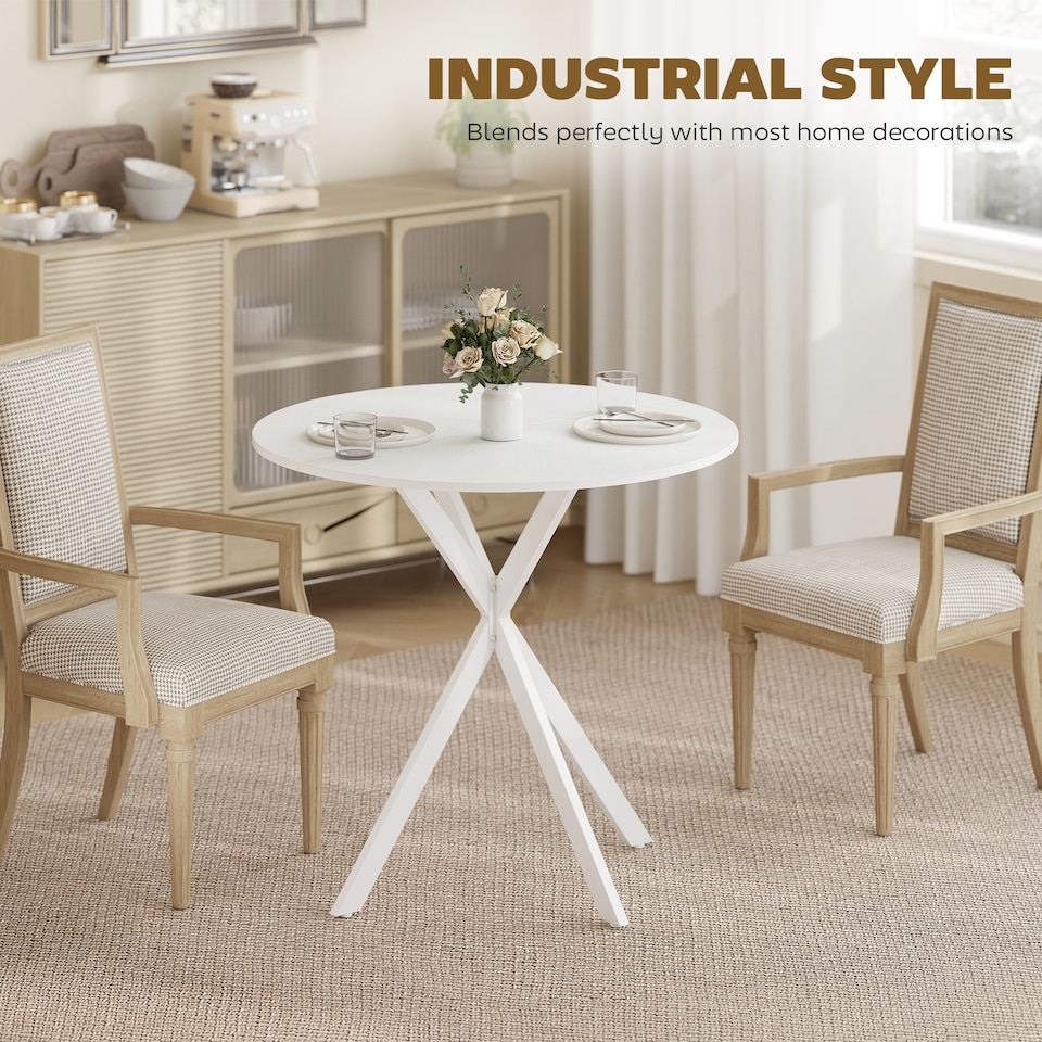 image 1 of HOMCOM 80cm Round Dining Table, Industrial Kitchen Table with Steel Legs | White | White | 80 x 80 x 75 cm