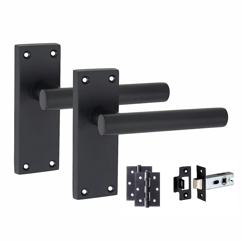 image 1 of Golden Grace 5 Sets Victorian Straight T-Bar Door Handles Latch in Matt Black with 1 Pair of 3" Ball Bearing Hinges & Latches Pack - 120mm x 40mm Backplate Black