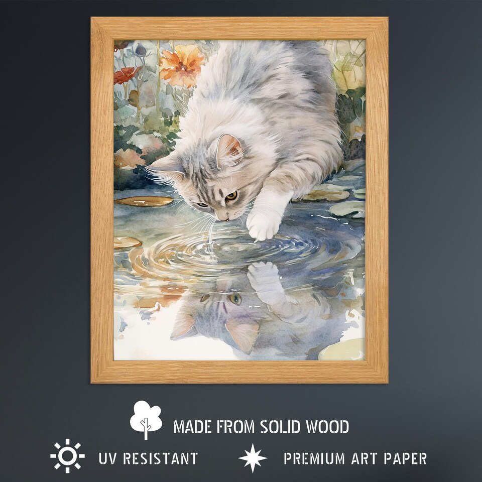 image 1 of Cat Lover Cute Kitten Pond Lake Watercolour Wood Framed Wall Art Print