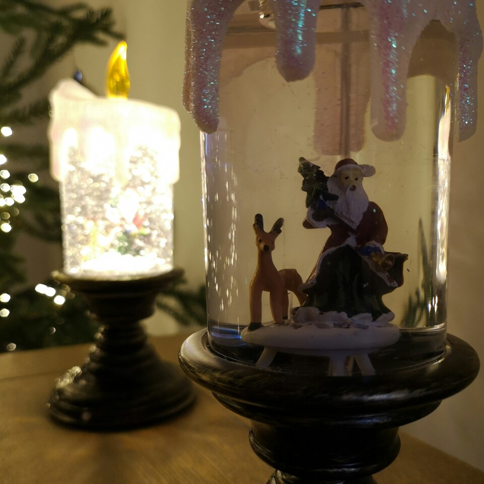 image 1 of 25cm Snowtime Dual Power LED Water Spinner Candlestick with Santa Scene