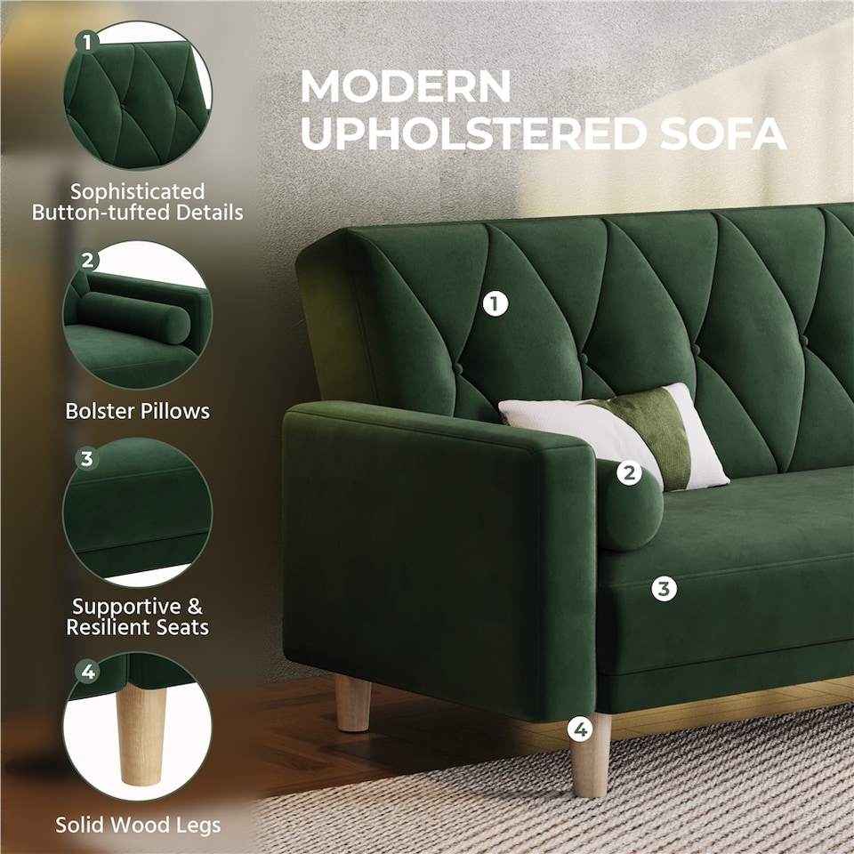 image 1 of Yaheetech Velvet Convertible Sofa Bed with 2 Bolster Pillows-Green