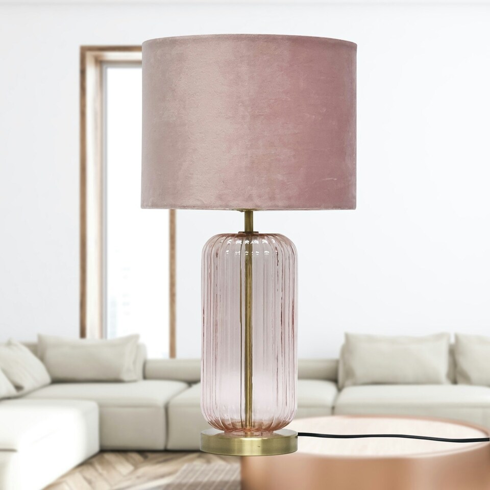 image 1 of First Choice Lighting Walpole Blush Glass and Antique Brass 49cm Table Lamp with Pink Velvet Shade Bronze | Pink