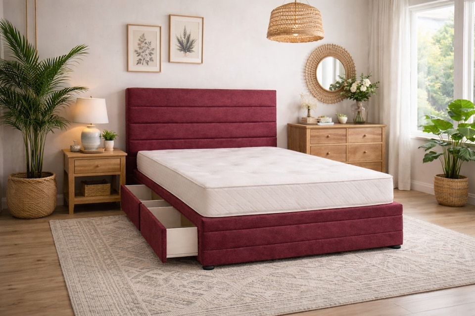 image 1 of Divan Bed Set Headboard and Footboard with Mattress 6ft Superking Maroon Suede Storage 2 Drawers Right Side Laying in Bed