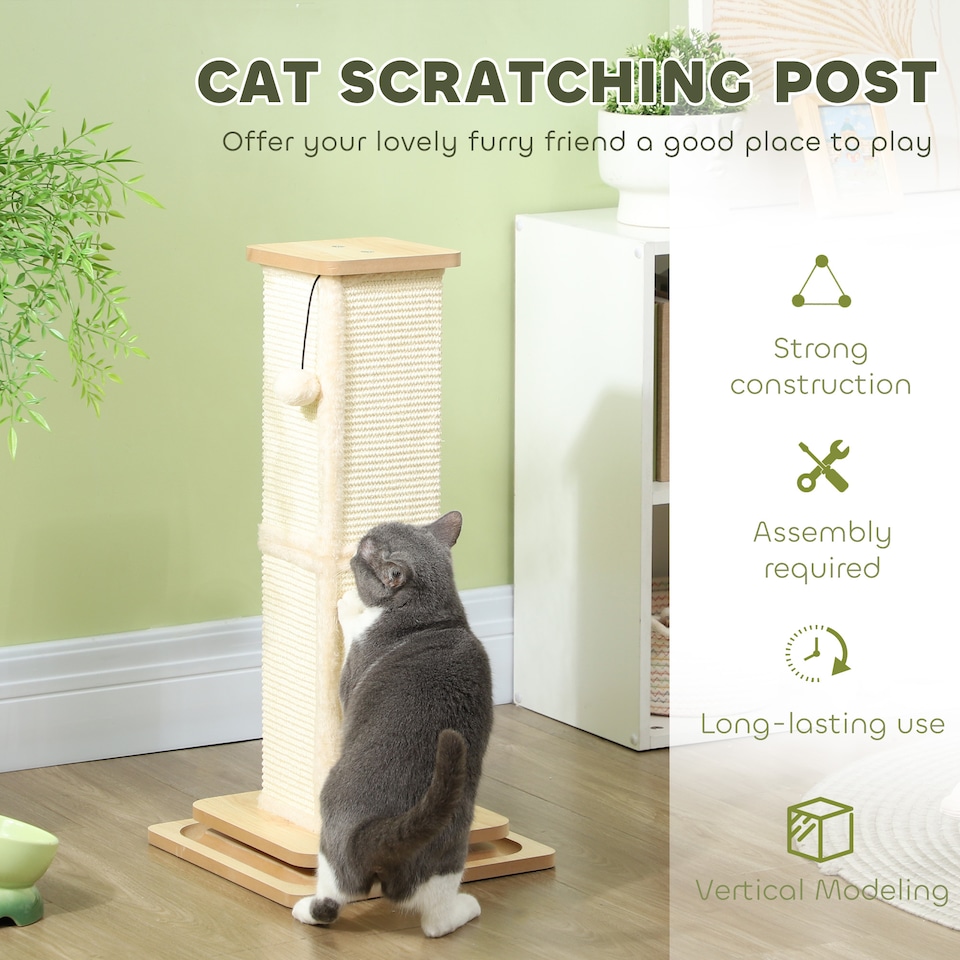 image 1 of PawHut 3-in-1 Cat Scratcher Post with Sisal Track Ball Toy, Light Oak
