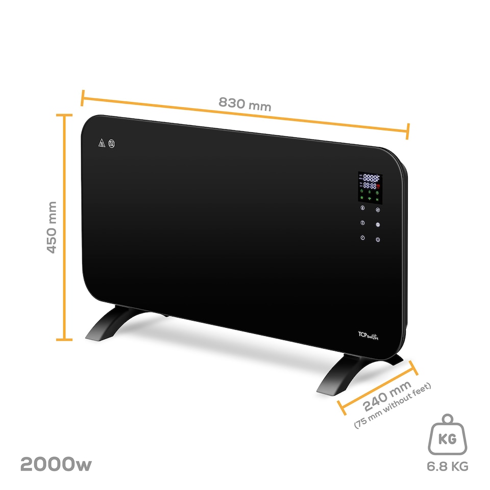 image 1 of TCP Smart WiFi Glass Panel Heater 2000W, Alexa Compatible, Open Window Detector, Wall Mounted & Freestanding Black Heater
