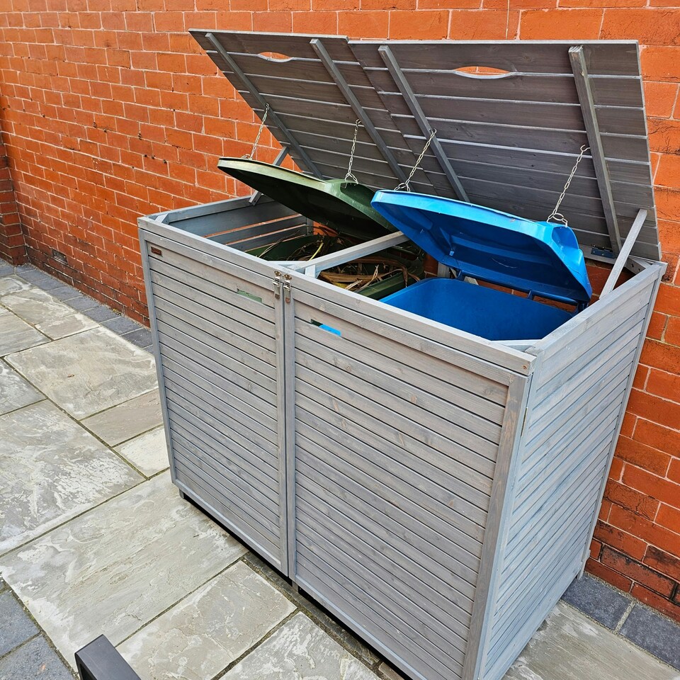 image 1 of 1.35m x 1.14m Large Grey Wooden Outdoor Garden Double Wheelie Bin Store Storage for 2 Bins with Back Panels