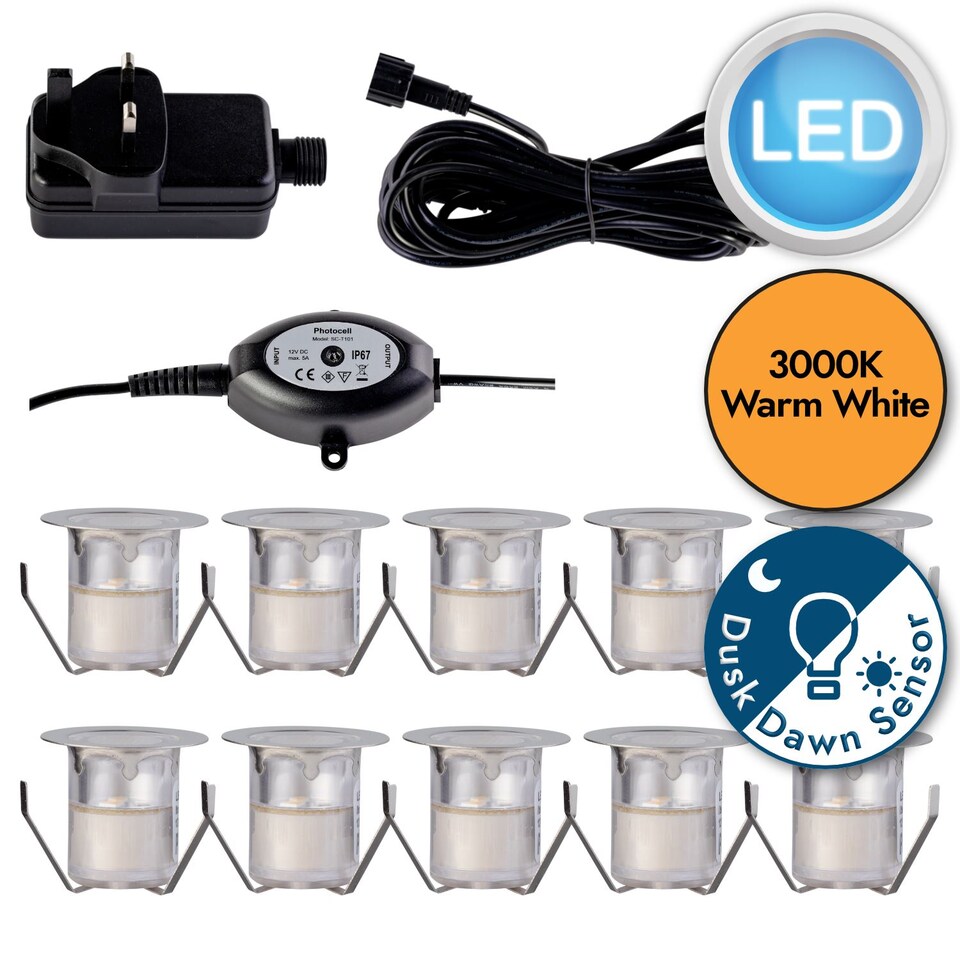 image 1 of Set of 10 - 30mm IP67 Warm White LED Decking Kit with Photocell | Chrome | Clear | 10