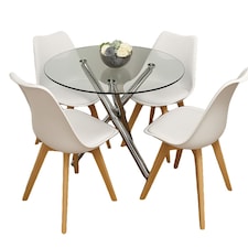 Round Glass Dining Table with Chrome Metal Legs and 4 White Plastic Chairs, Modern Dining Set