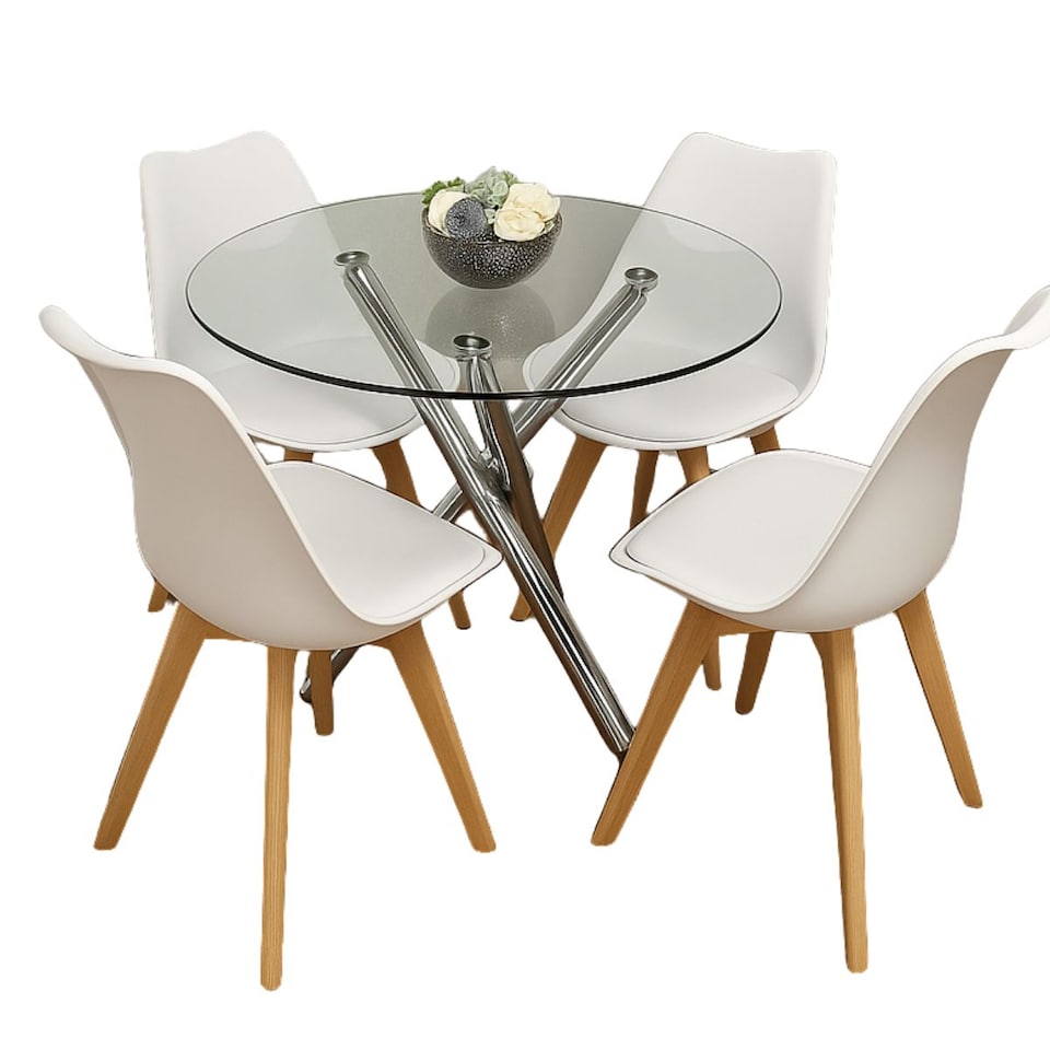 image 1 of Round Glass Dining Table with Chrome Metal Legs and 4 White Plastic Chairs, Modern Dining Set
