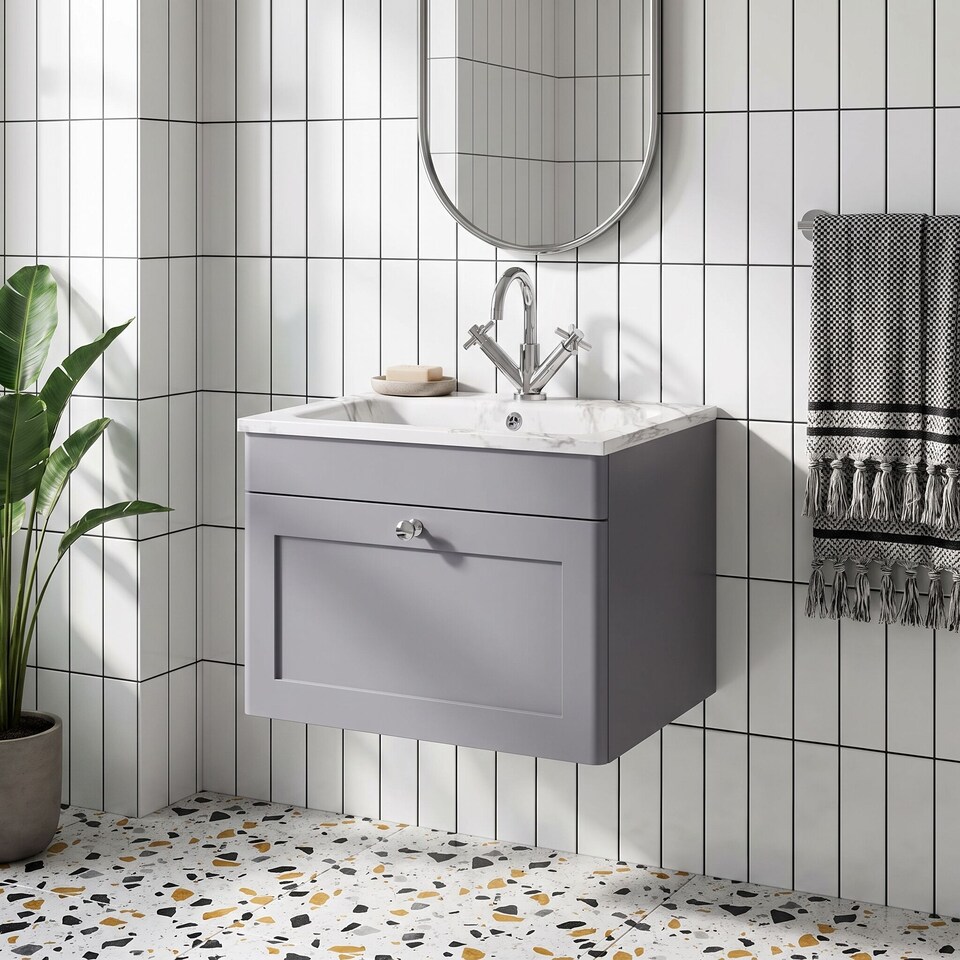 image 1 of Balterley Swynnerton Traditional 1 Drawer Wall Hung Vanity Unit with Stone Basin, Satin Grey, 600mm