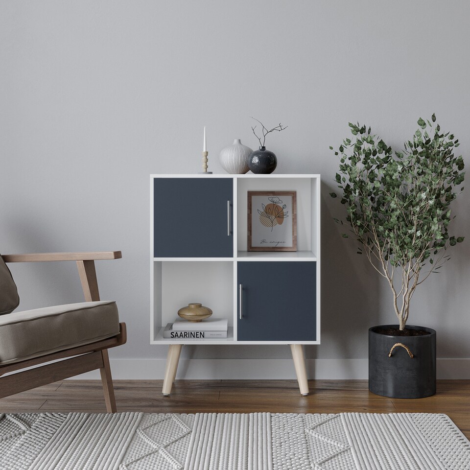 image 1 of White 4-Cube Storage Unit with 2 Metal Handle Doors and Legs | Grey | Grey & Pine | 1
