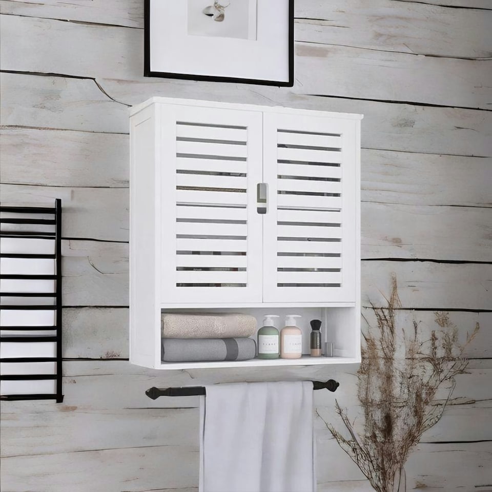 image 1 of Wooden Bathroom Wall Storage Cabinet Organiser White White