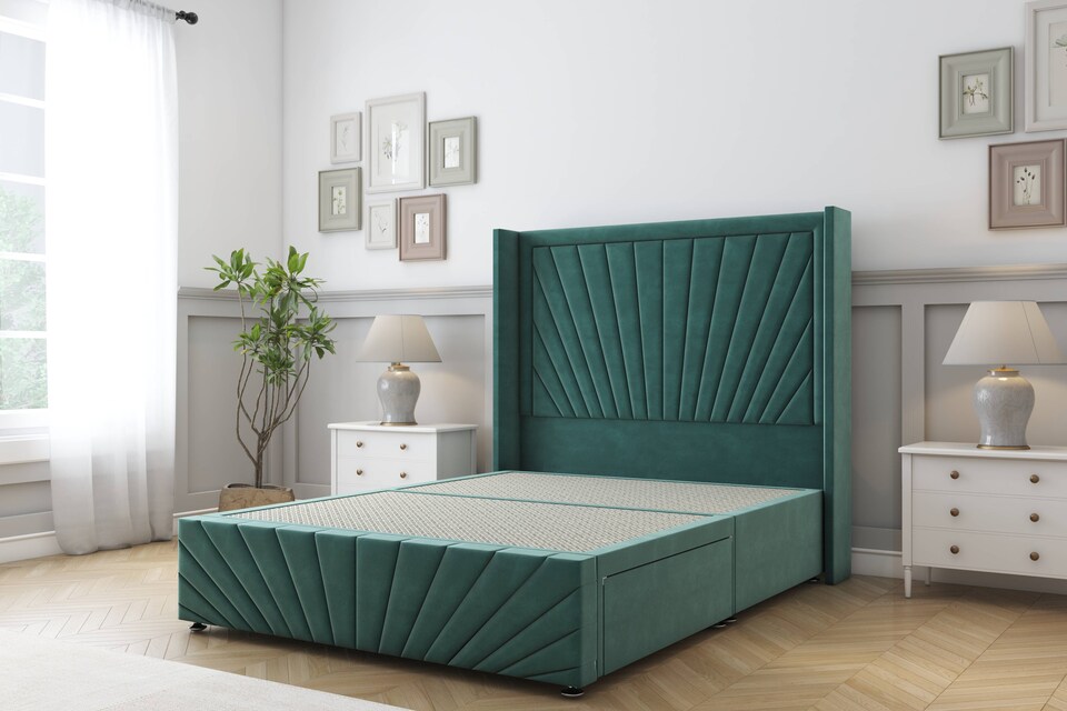 image 1 of Sloomy Rutherford Emerald Plush Divan Bed Base No Drawers With 54 Inch Wingback Headboard & 12 Inch Matching Footboard | Green | Emerald | Small Double | 1