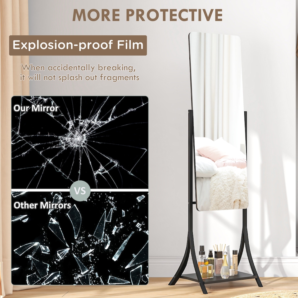 image 1 of HOMCOM Full Length Mirror, Free Standing Floor Mirror, Full Body Mirror with Adjustable Angle and Storage Shelf for Living Room, Bedroom, Hallway, 108 37cm, Black