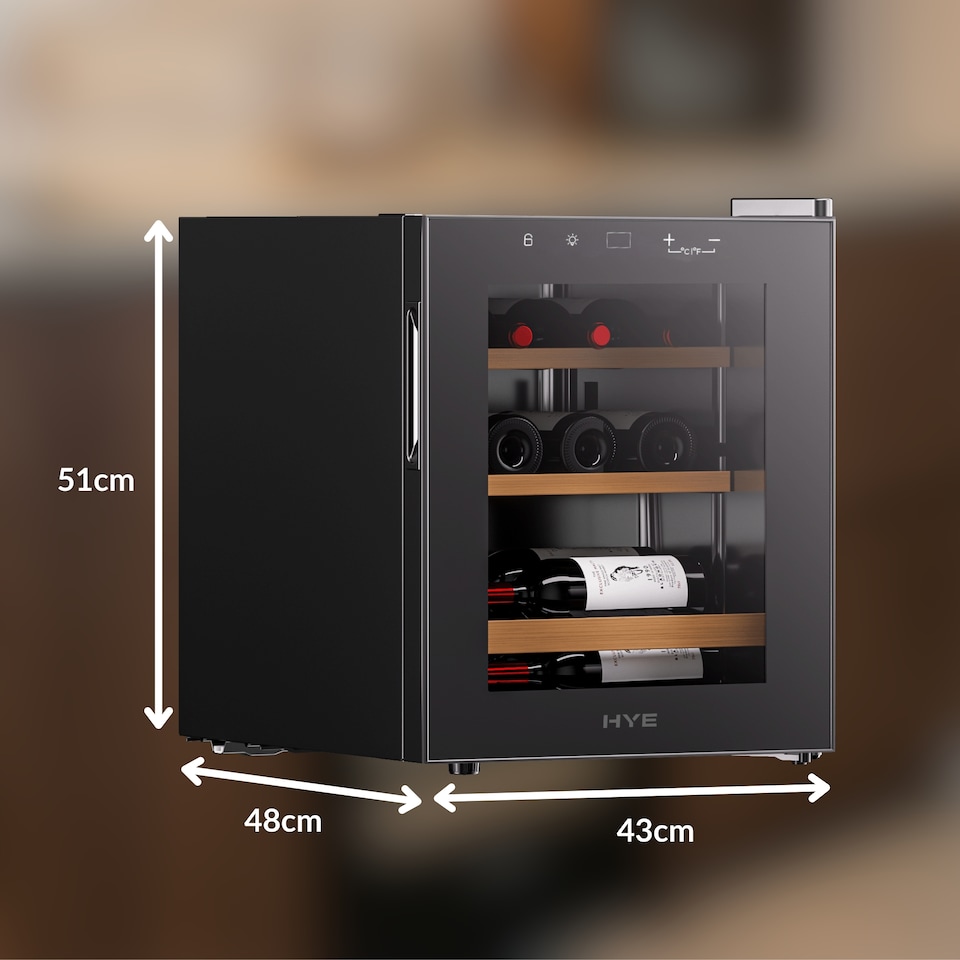image 1 of HYE 46L Wine Cooler 15 Bottles, 43cm, Touch Controls, LED Lights, Black, Wooden Shelves - RF01WC15B31