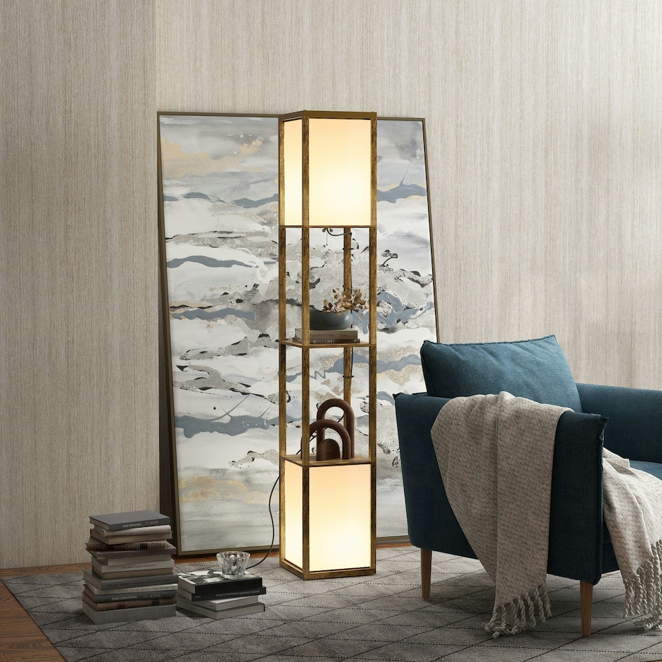 image 1 of HOMCOM Shelf Floor Lamp with Dual Light, for Living Room, Bedroom, Brown
