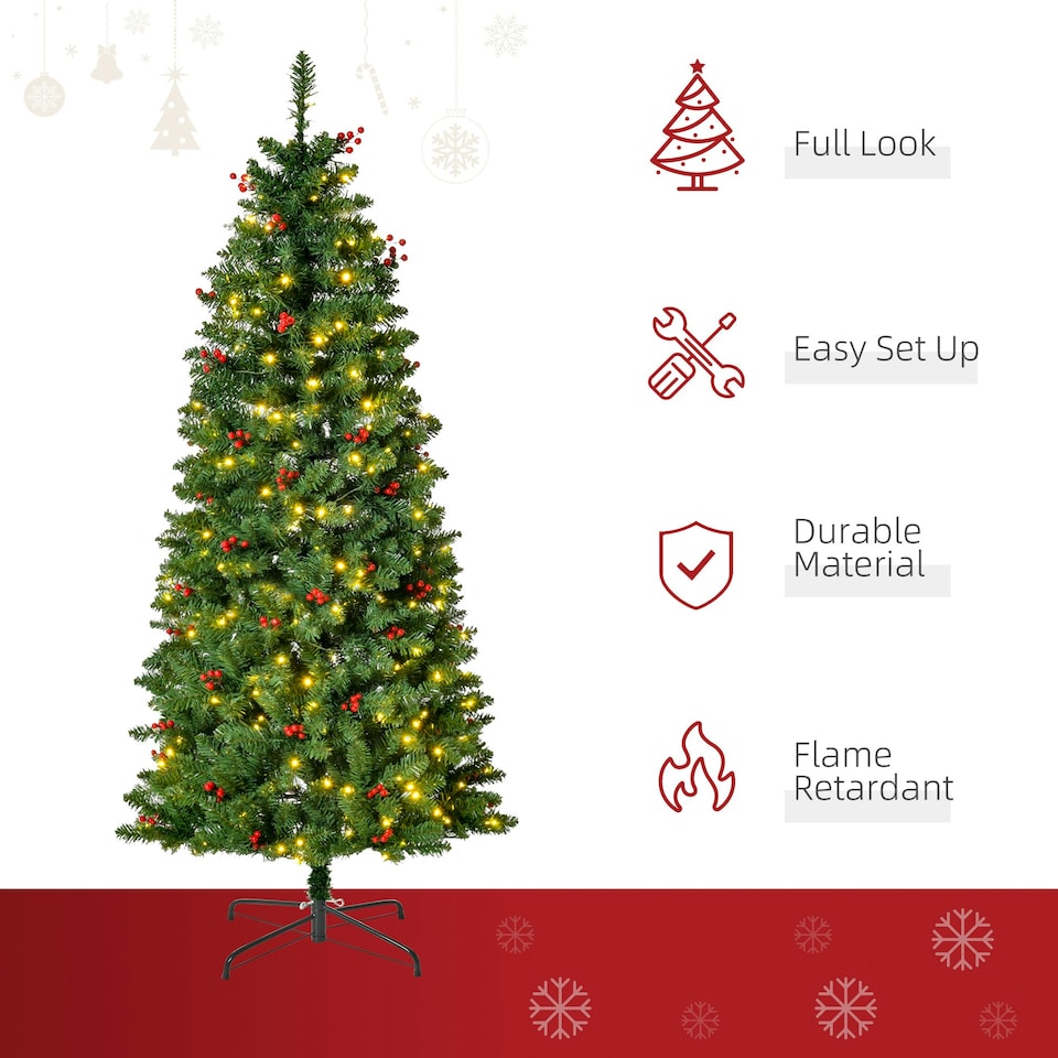 image 1 of HOMCOM 5FT Prelit Pencil Christmas Tree w/ LED Light, Berry, Xmas Decoration