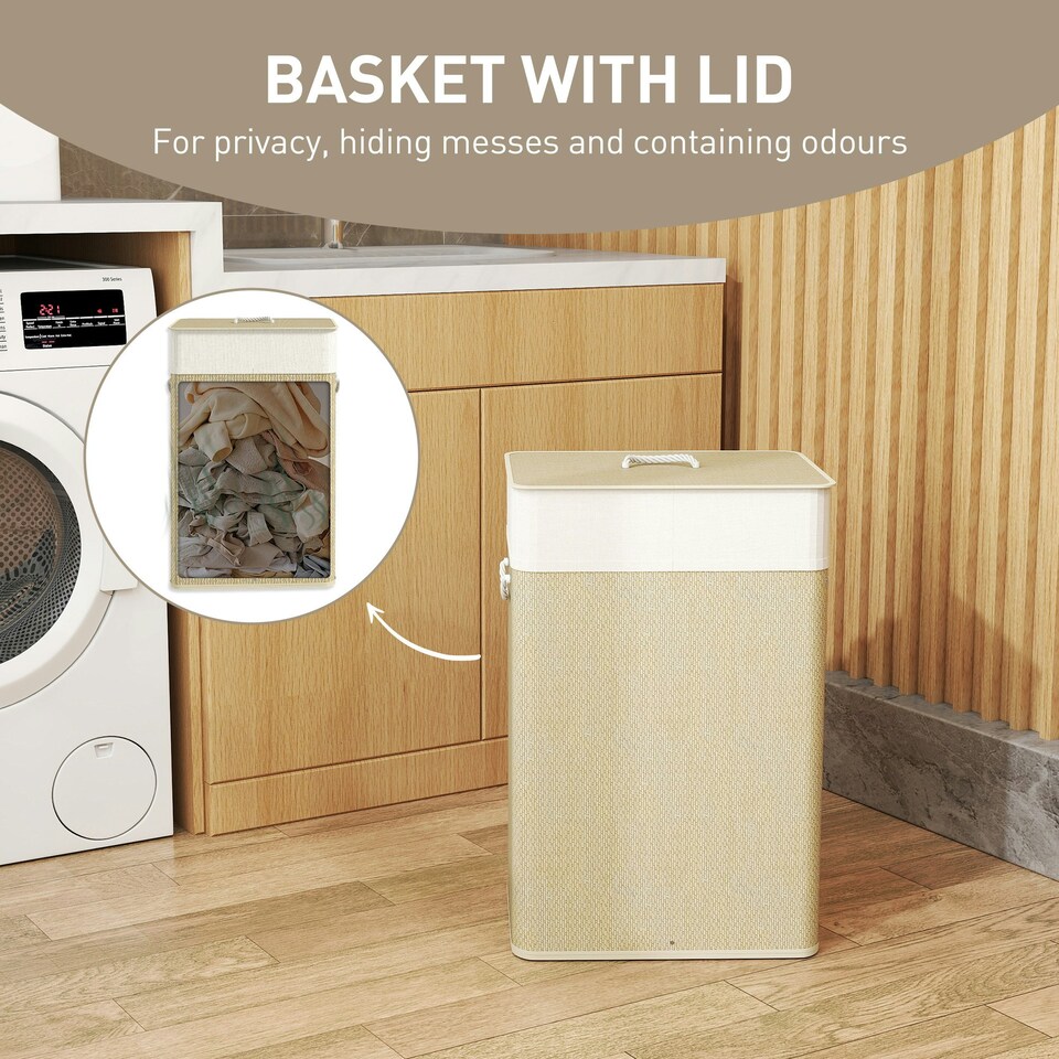 image 1 of HOMCOM Laundry Hamper with Removable Washable Liner Bag, Nature Wood Finish Brown | Cream